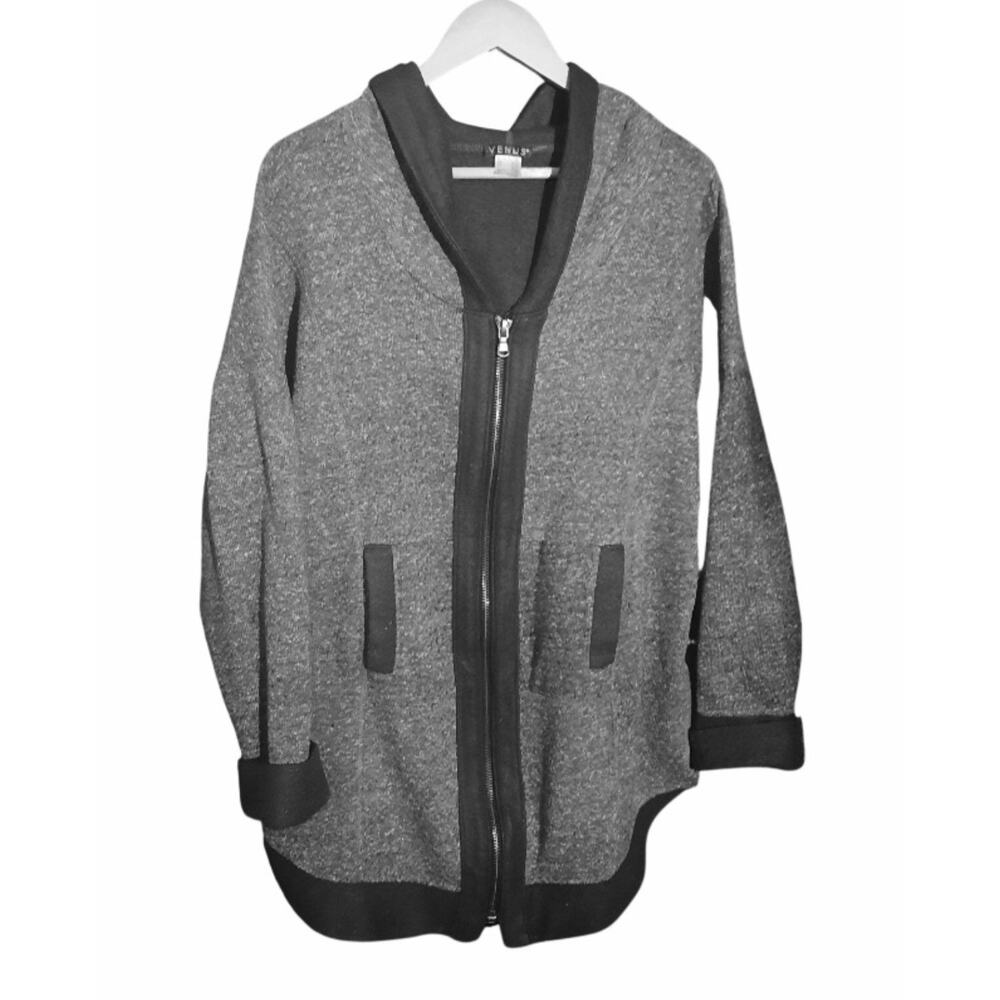 Venus Womens Gray and Black Full Zip Long Sleeve Hooded Tunic Size XL